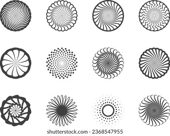 Spiral and swirl motion twisting circles design element set. Vector illustration.