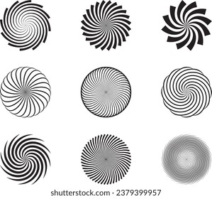 Spiral and swirl motion twisting circles design element set. Vector illustration.