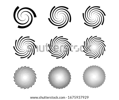 Spiral and swirl motion twisting circles design element set. Vector illustration.