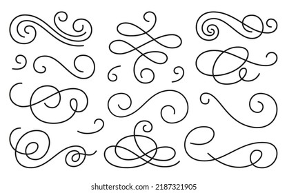 Ornamento de giro espiral, estilo de línea florece. Rulos ornamentales filigrí. Elementos de diseño decorativos para menú, certificado, diploma, tarjeta de boda, invatación, divisor de texto de contorno