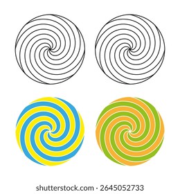Espiral redemoinho padrões. Design circular hipnótico. Elementos de rotação de vetor. Formas de torção coloridas.