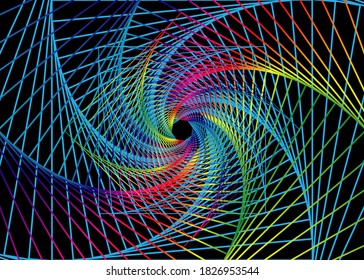 Spiral Swirl Radial Hypnotic Psychedelic illusion rotating background, colorful spectrum vector grid texture. Vaporwave, synthwave, cyberpunk illustration