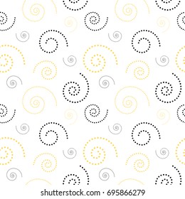 Spiral swirl seamless pattern. Background with various doted spiral swirls. Vector illustration for fabric, postcard, wallpaper, flyer and more.