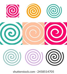 Spiral swirl shape design icon set vector graphic illustration, red purple blue green stroke lollipop candy, circle square whirl twist simple symbol, whirlpool twirl image clip art 