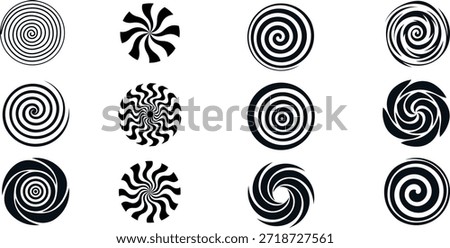 Spiral Swirl Shapes Set, Circular Rotation Motion and Hypnosis Vector Patterns