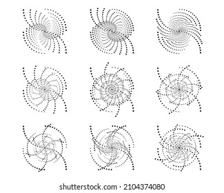 Spiralwirbel, wirbelnde Punkte, kreisförmiger Wirbelhalfton. Kreislaufradial-Rotationslinien, Vektorvorlagen.