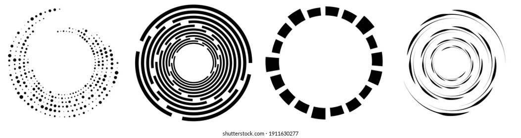 Conjunto de elementos espiral, giratorio y twirl. Rotación de formas circulares y concéntricas vectorial Ilustración. Diseños de volumen, helix y curliceo