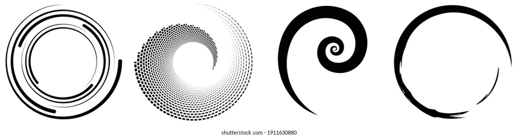 Spiral, swirl, twirl element set. Rotating circular and concentric shapes vector Illustration. Volute, helix and curlicue designs