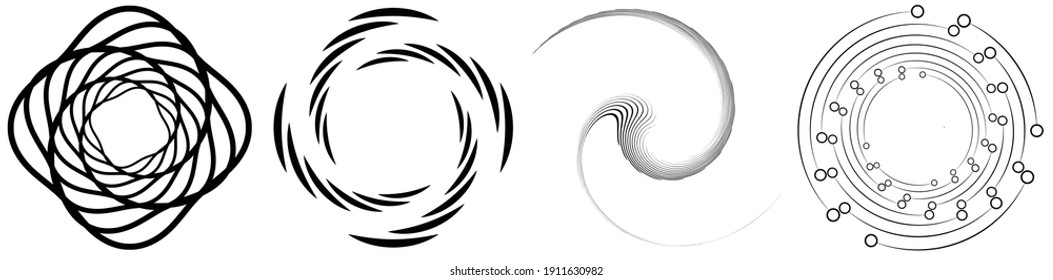 Spiral, swirl, twirl element set. Rotating circular and concentric shapes vector Illustration. Volute, helix and curlicue designs