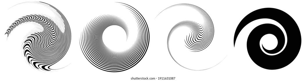 Spiral, swirl, twirl element set. Rotating circular and concentric shapes vector Illustration. Volute, helix and curlicue designs