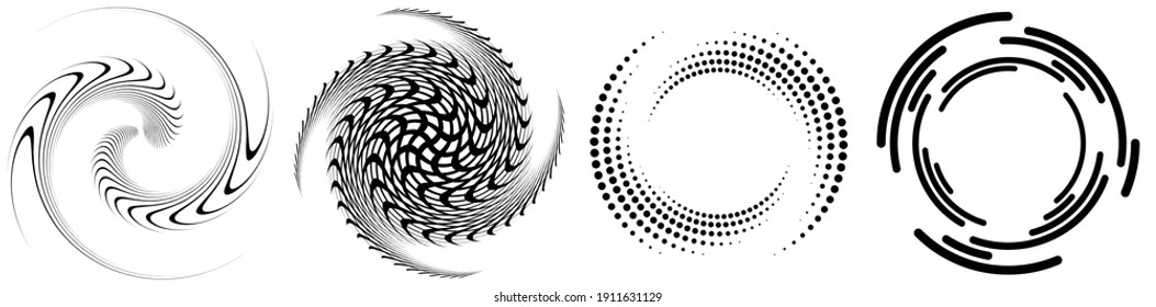 Spiral, swirl, twirl element set. Rotating circular and concentric shapes vector Illustration. Volute, helix and curlicue designs