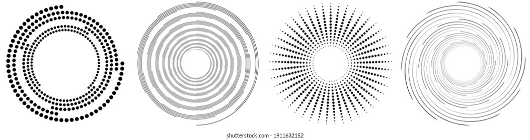 Spiral, swirl, twirl element set. Rotating circular and concentric shapes vector Illustration. Volute, helix and curlicue designs