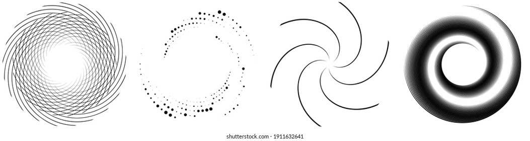 Spiral, swirl, twirl element set. Rotating circular and concentric shapes vector Illustration. Volute, helix and curlicue designs