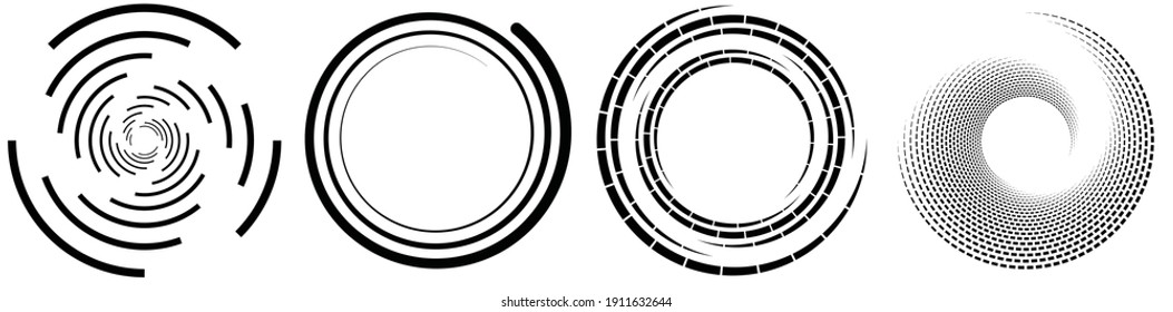 Spiral, swirl, twirl element set. Rotating circular and concentric shapes vector Illustration. Volute, helix and curlicue designs