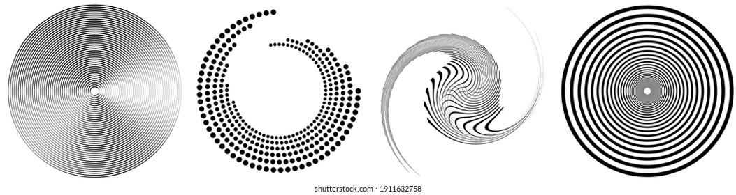 Spiral, swirl, twirl element set. Rotating circular and concentric shapes vector Illustration. Volute, helix and curlicue designs