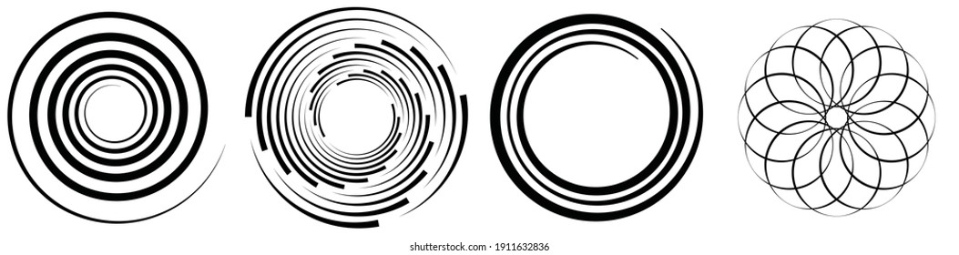 Spiral, wirl, wirl Element Set. Drehende kreisförmige und konzentrische Formen, Vektorgrafik. Muster für Flügel, Helix und Curlices