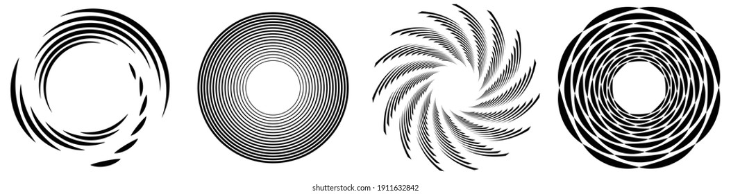 Spiral, swirl, twirl element set. Rotating circular and concentric shapes vector Illustration. Volute, helix and curlicue designs