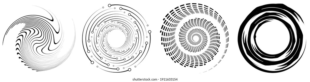 Spiral, swirl, twirl element set. Rotating circular and concentric shapes vector Illustration. Volute, helix and curlicue designs