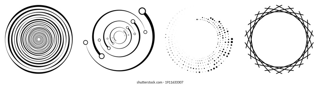 Spiral, swirl, twirl element set. Rotating circular and concentric shapes vector Illustration. Volute, helix and curlicue designs