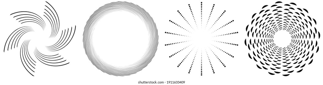 Spiral, swirl, twirl element set. Rotating circular and concentric shapes vector Illustration. Volute, helix and curlicue designs
