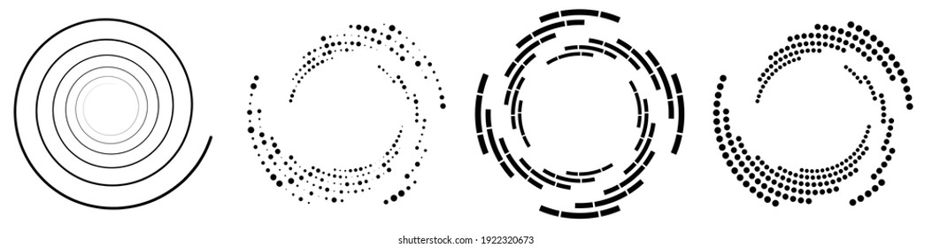 Spiral, swirl, twirl element set. Rotating circular and concentric shapes vector Illustration. Volute, helix and curlicue designs