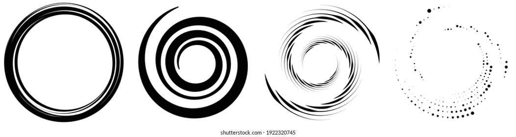 Spiral, swirl, twirl element set. Rotating circular and concentric shapes vector Illustration. Volute, helix and curlicue designs