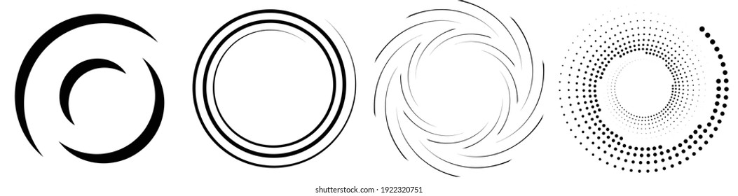 Spiral, swirl, twirl element set. Rotating circular and concentric shapes vector Illustration. Volute, helix and curlicue designs