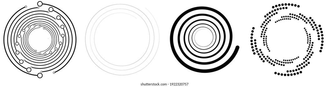 Spiral, swirl, twirl element set. Rotating circular and concentric shapes vector Illustration. Volute, helix and curlicue designs