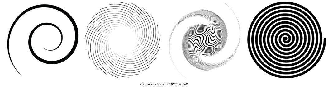 Spiral, swirl, twirl element set. Rotating circular and concentric shapes vector Illustration. Volute, helix and curlicue designs