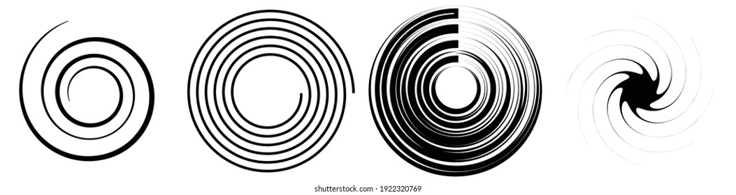 Spiral, swirl, twirl element set. Rotating circular and concentric shapes vector Illustration. Volute, helix and curlicue designs