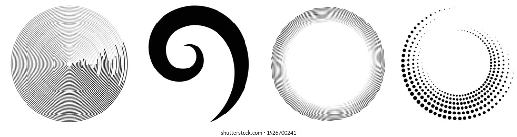 Spiral, swirl, twirl element set. Rotating circular and concentric shapes vector Illustration. Volute, helix and curlicue designs