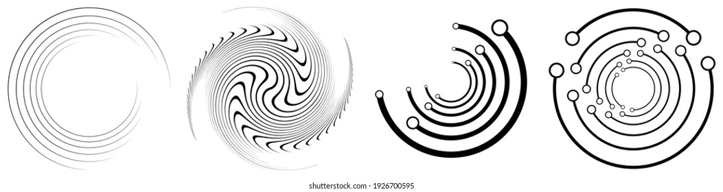 Spiral, swirl, twirl element set. Rotating circular and concentric shapes vector Illustration. Volute, helix and curlicue designs