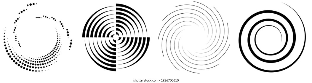 Spiral, swirl, twirl element set. Rotating circular and concentric shapes vector Illustration. Volute, helix and curlicue designs