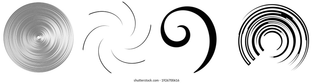 Spiral, swirl, twirl element set. Rotating circular and concentric shapes vector Illustration. Volute, helix and curlicue designs