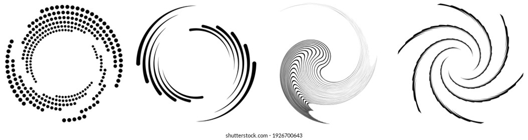 Conjunto de elementos espiral, giratorio y twirl. Rotación de formas circulares y concéntricas vectorial Ilustración. Diseños de volumen, helix y curliceo