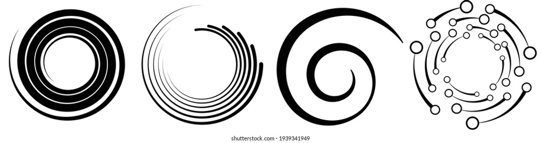 Spiral, swirl, twirl element set. Rotating circular and concentric shapes vector Illustration. Volute, helix and curlicue designs