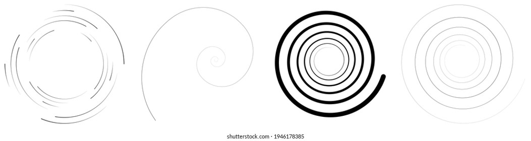 Spiral, swirl, twirl element set. Rotating circular and concentric shapes vector Illustration. Volute, helix and curlicue designs