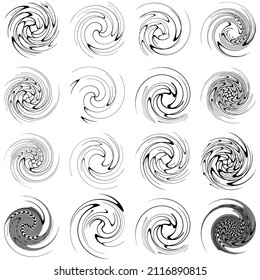  Spiral, swirl, twirl, volute element. Whirlpool, whirlwind effect. Circular, radial lines with rotation