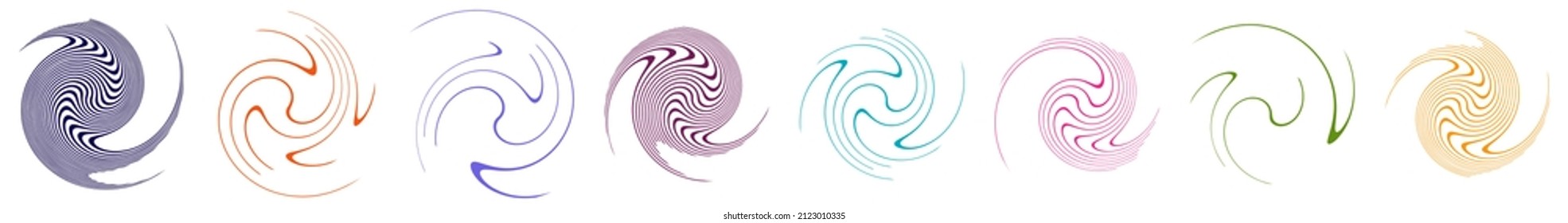  Spiral, swirl, twirl, volute element. Whirlpool, whirlwind effect. Circular, radial lines with rotation