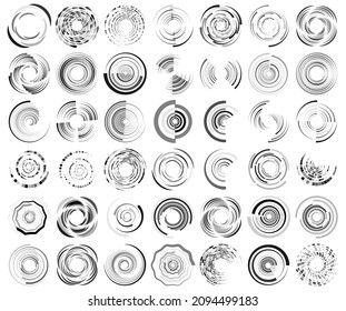 Spiral, swirl, twirl, vortex icon, shape. Concentric circles, rings. Abstract geometric shapes with rotation effect