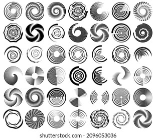 Spiral, swirl, twirl, vortex icon, shape. Concentric circles, rings. Abstract geometric shapes with rotation effect