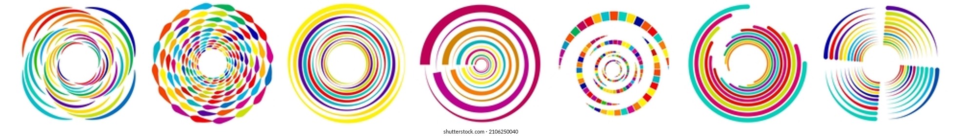 Spiral, swirl, twirl, vortex icon, shape. Concentric circles, rings. Abstract geometric shapes with rotation effect