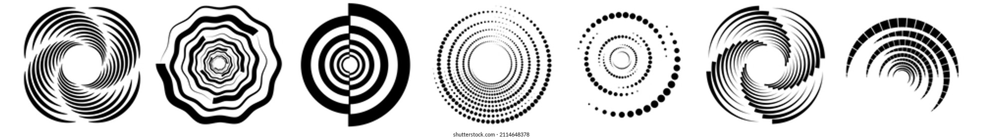 Spiral, swirl, twirl, vortex icon, shape. Concentric circles, rings. Abstract geometric shapes with rotation effect