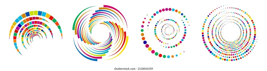 Spiral, swirl, twirl, vortex icon, shape. Concentric circles, rings. Abstract geometric shapes with rotation effect