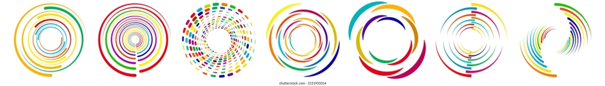 Spiral, swirl, twirl, vortex icon, shape. Concentric circles, rings. Abstract geometric shapes with rotation effect