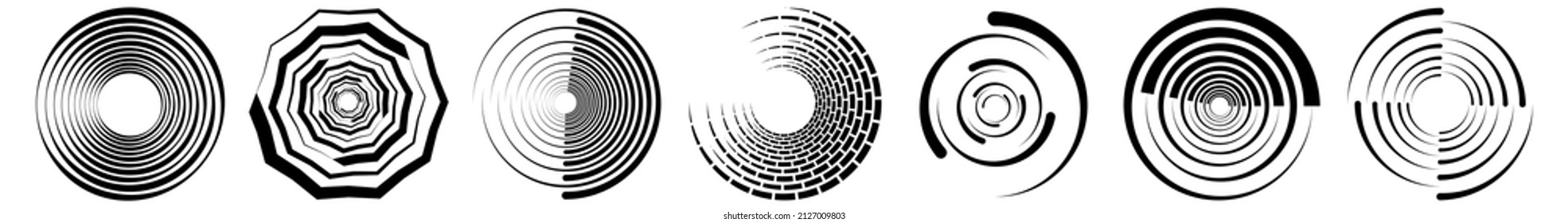 Spiral, swirl, twirl, vortex icon, shape. Concentric circles, rings. Abstract geometric shapes with rotation effect