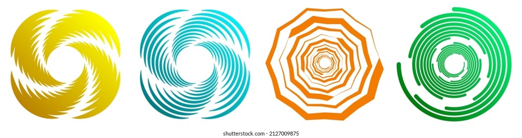 Spiral, swirl, twirl, vortex icon, shape. Concentric circles, rings. Abstract geometric shapes with rotation effect