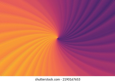 Patrón giratorio espiral de formas geométricas. Hermosa ilustración horizontal abstracta de líneas gradientes amarillo-orang, rosa y violeta irradiando desde el centro. Vector eps 10