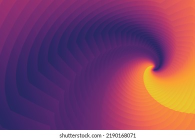Spiral swirling pattern of geometric shapes. Beautiful abstract horizontal illustration of gradient yellow, orange, pink, purple lines radiating from the center. Vector eps 10