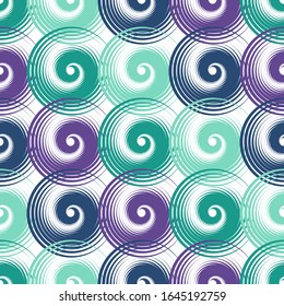 Spiral swirls complicated seamless pattern vector design. Round spiral scrolls, circle swirls geometric elements, curly vortex tiles. Cute swirl scrolls abstract background seamless pattern.